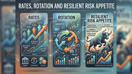 Illustrated market infographic titled “Rates, Rotation and Resilient Risk Appetite,” showing rising interest-rate and yield charts, arrows representing sector rotation between growth and value investments, and a bull symbolizing investor confidence, market participation and long-term optimism.