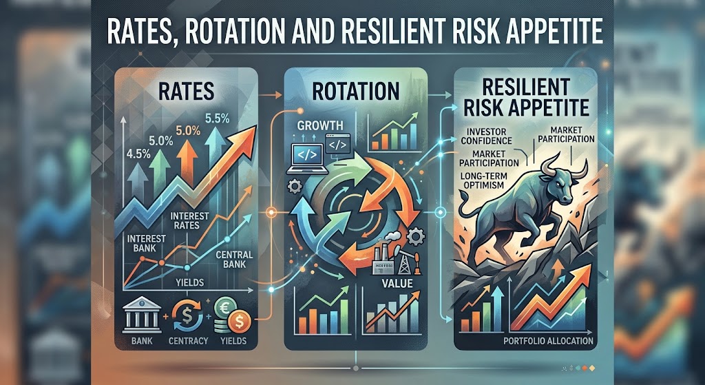 Illustrated market infographic titled “Rates, Rotation and Resilient Risk Appetite,” showing rising interest-rate and yield charts, arrows representing sector rotation between growth and value investments, and a bull symbolizing investor confidence, market participation and long-term optimism.