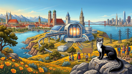 Illustrated fusion-energy landscape linking Bavaria and California: a glowing stellarator reactor, renewable infrastructure and power lines sit between Munich’s skyline and San Francisco’s Golden Gate Bridge, while a black-and-white ferret stands on a rocky overlook.