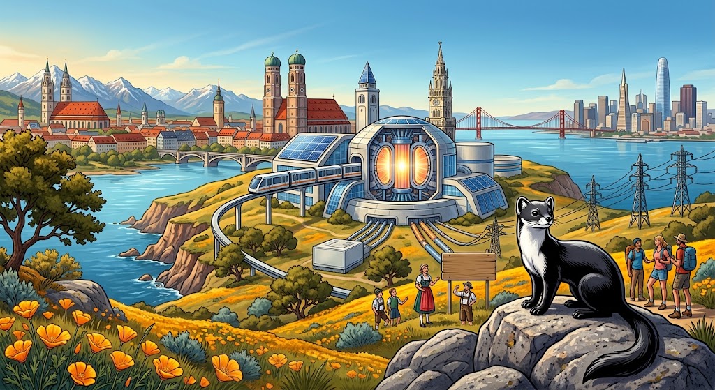 Illustrated fusion-energy landscape linking Bavaria and California: a glowing stellarator reactor, renewable infrastructure and power lines sit between Munich’s skyline and San Francisco’s Golden Gate Bridge, while a black-and-white ferret stands on a rocky overlook.