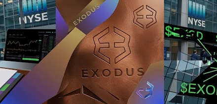 Digital collage showing Exodus Movement branding, the EXOD ticker on NYSE market displays, an Exodus logo on a bronze ribbon, and a notebook beside a stock-market chart.