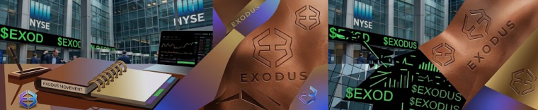 Digital collage showing Exodus Movement branding, the EXOD ticker on NYSE market displays, an Exodus logo on a bronze ribbon, and a notebook beside a stock-market chart.