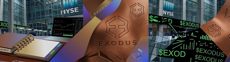 Digital collage showing Exodus Movement branding, the EXOD ticker on NYSE market displays, an Exodus logo on a bronze ribbon, and a notebook beside a stock-market chart.