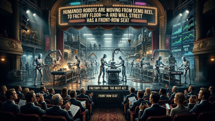 Illustration of humanoid robots working on a factory assembly line while a seated audience of Wall Street investors watches from a theater-style front row; stock-price screens and automation signage appear around the industrial stage.