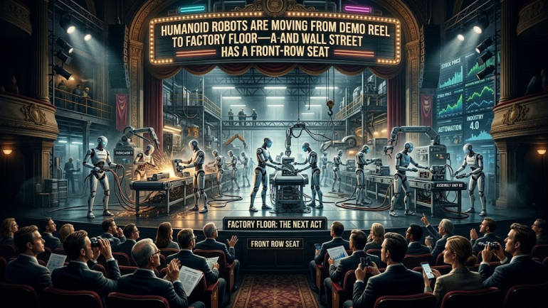 Illustration of humanoid robots working on a factory assembly line while a seated audience of Wall Street investors watches from a theater-style front row; stock-price screens and automation signage appear around the industrial stage.