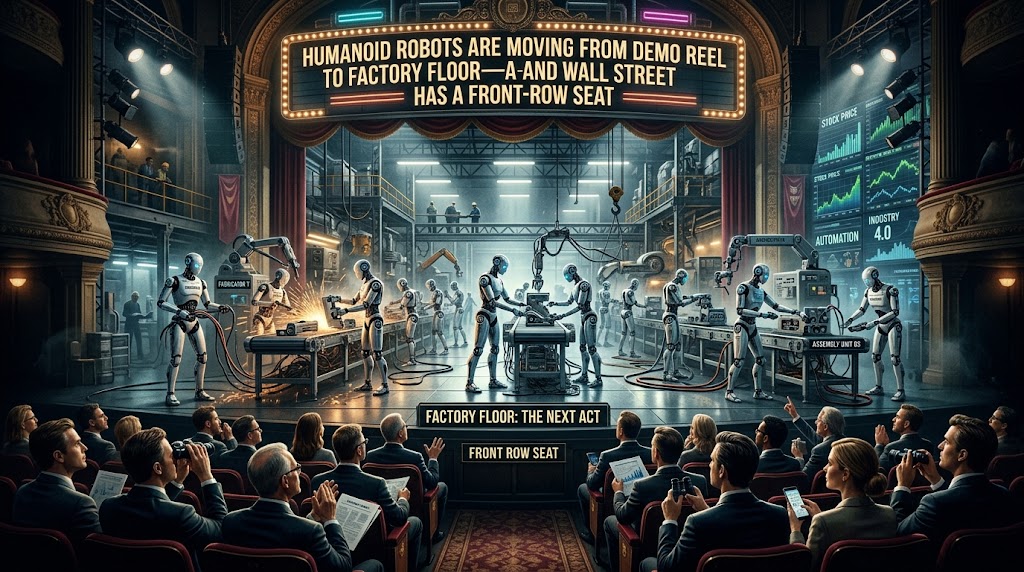 Illustration of humanoid robots working on a factory assembly line while a seated audience of Wall Street investors watches from a theater-style front row; stock-price screens and automation signage appear around the industrial stage.