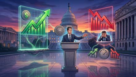 Illustration of a Federal Reserve official speaking outside the U.S. Capitol, with a rising green stock-market chart on one side and a falling red chart, worried investor, interest-rate gauge, and market-volatility graphics on the other—representing mixed markets after a strong U.S. jobs report.