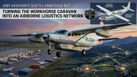 Illustration of a Joby Aviation autonomous Cessna Caravan flying above a regional logistics hub and rural delivery routes at sunset, with cargo aircraft, warehouse facilities, connected destinations and an inset diagram of an integrated autonomous flight system with hybrid-electric propulsion.