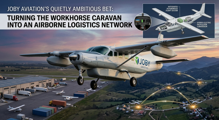 Illustration of a Joby Aviation autonomous Cessna Caravan flying above a regional logistics hub and rural delivery routes at sunset, with cargo aircraft, warehouse facilities, connected destinations and an inset diagram of an integrated autonomous flight system with hybrid-electric propulsion.