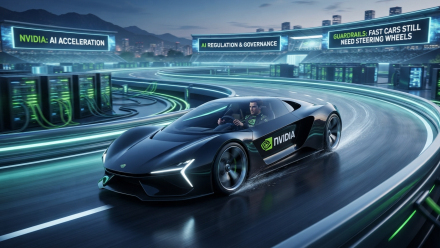 Futuristic NVIDIA AI race car speeds around a glowing data-center racetrack, symbolizing AI acceleration, regulation, governance and the need for guardrails.