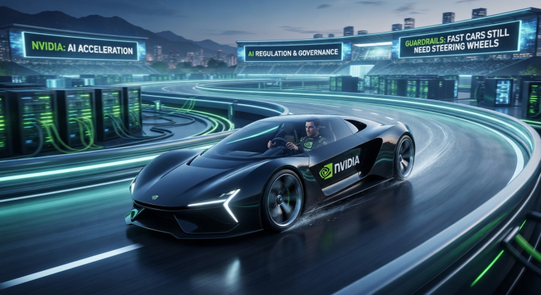 Futuristic NVIDIA AI race car speeds around a glowing data-center racetrack, symbolizing AI acceleration, regulation, governance and the need for guardrails.