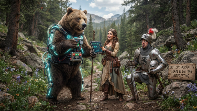 Illustration of a futuristic biotech bear in a forest alongside a princess and armored knight, symbolizing the growing investment opportunity in durable drug-delivery therapies for retinal disease, eosinophilic esophagitis, and Parkinson’s disease.
