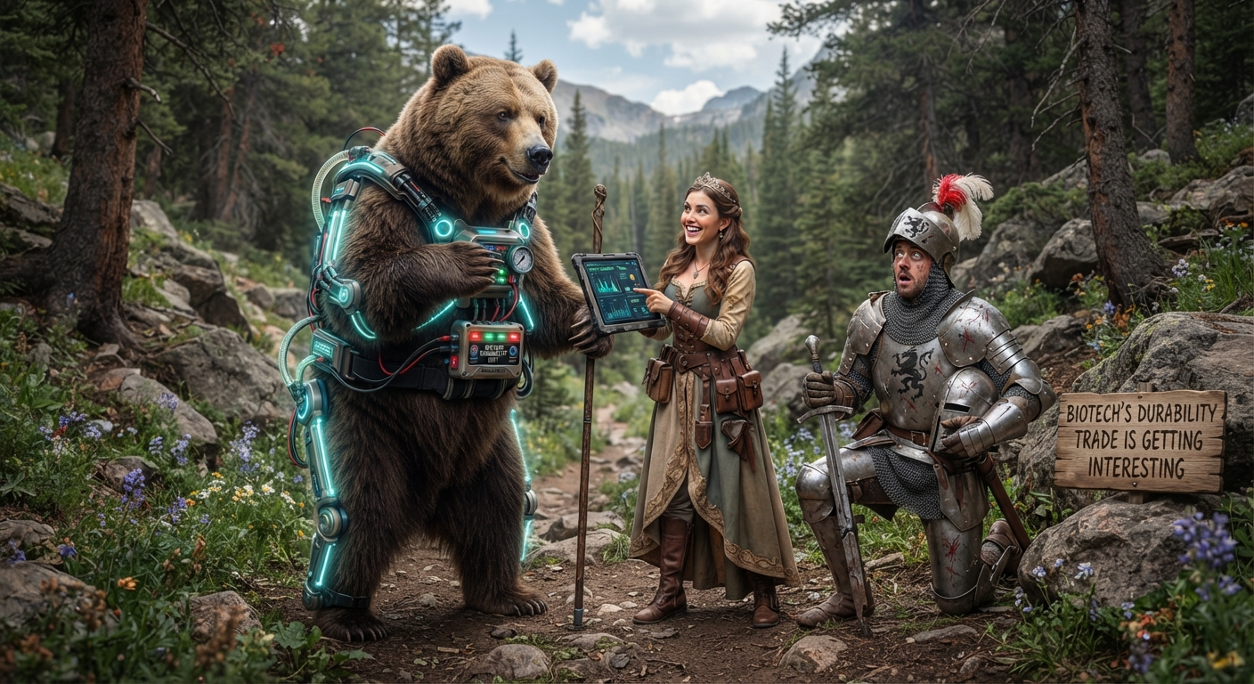 Illustration of a futuristic biotech bear in a forest alongside a princess and armored knight, symbolizing the growing investment opportunity in durable drug-delivery therapies for retinal disease, eosinophilic esophagitis, and Parkinson’s disease.