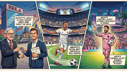Comic-book-style three-panel illustration connecting market leadership and global football: Warren Buffett hands a succession document to Greg Abel beside a Berkshire Hathaway building labeled BRK.A; Kylian Mbappé celebrates in a Real Madrid kit before a packed stadium; and Lionel Messi waves to fans in an Inter Miami pink jersey beneath a “Durable Relevance” farewell message.
