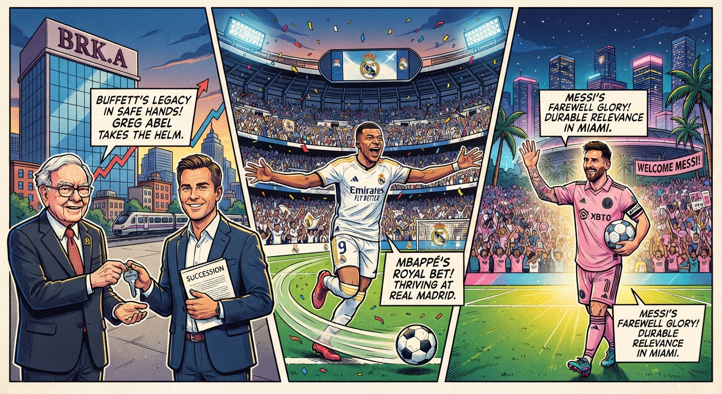 Comic-book-style three-panel illustration connecting market leadership and global football: Warren Buffett hands a succession document to Greg Abel beside a Berkshire Hathaway building labeled BRK.A; Kylian Mbappé celebrates in a Real Madrid kit before a packed stadium; and Lionel Messi waves to fans in an Inter Miami pink jersey beneath a “Durable Relevance” farewell message.