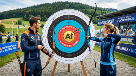 A stylized archery scene illustrating the Similarweb and NIQ partnership: a female archer in NIQ-branded blue gear aims several arrows toward the AI bullseye on a large target, while a Similarweb-branded archer stands beside her. Banners in the background read “Partnership Targets AI Shopping Boom” and “Similarweb + NIQ,” symbolizing the companies’ push into agentic-commerce measurement.