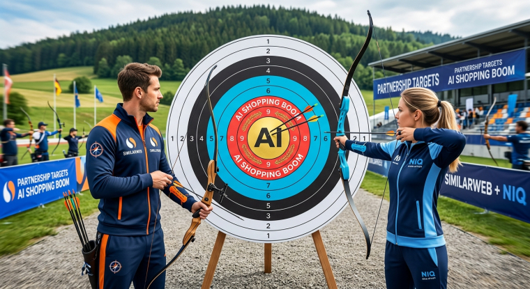 A stylized archery scene illustrating the Similarweb and NIQ partnership: a female archer in NIQ-branded blue gear aims several arrows toward the AI bullseye on a large target, while a Similarweb-branded archer stands beside her. Banners in the background read “Partnership Targets AI Shopping Boom” and “Similarweb + NIQ,” symbolizing the companies’ push into agentic-commerce measurement.