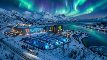 Illustration of a T1 Energy-branded Arctic data center in snowy Norway beneath the Northern Lights, with NVIDIA branding, server buildings, power lines and a fjord representing AI infrastructure powered by renewable hydropower.