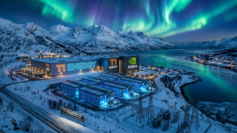 Illustration of a T1 Energy-branded Arctic data center in snowy Norway beneath the Northern Lights, with NVIDIA branding, server buildings, power lines and a fjord representing AI infrastructure powered by renewable hydropower.
