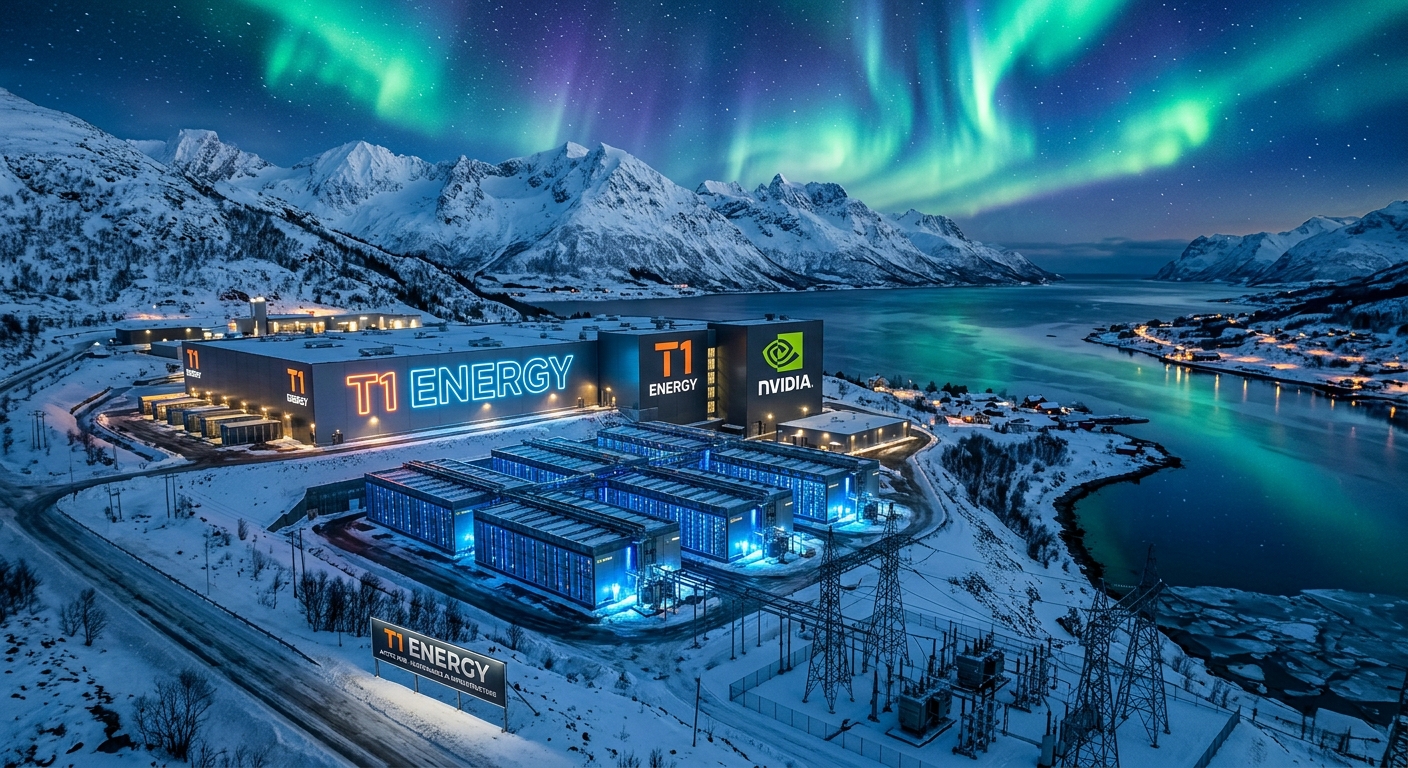 Illustration of a T1 Energy-branded Arctic data center in snowy Norway beneath the Northern Lights, with NVIDIA branding, server buildings, power lines and a fjord representing AI infrastructure powered by renewable hydropower.