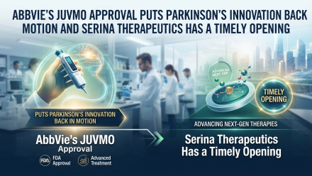 Investor-focused healthcare graphic showing a laboratory scene, a clinician holding a drug-delivery device, a glowing brain illustration, molecular imagery and a city skyline. The image highlights AbbVie Inc. (NYSE: ABBV) receiving FDA approval for JUVMO (tavapadon) for Parkinson’s disease and positions Serina Therapeutics Inc. (NYSE American: SER) and its SER-252 program as a potential next-generation therapy opportunity in advanced Parkinson’s disease.