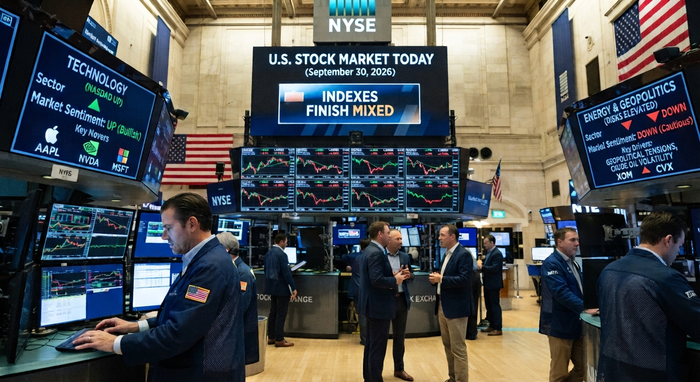 Traders work on the New York Stock Exchange floor beneath market screens showing mixed U.S. stock index performance, with technology-sector gains and elevated energy and geopolitical risks on September 30, 2026.