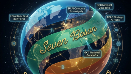 Illustration of a glowing world map connected by AI data infrastructure, highlighting Seven Boson’s sovereign AI strategy across U.S., EU, GCC and Asia-Pacific markets amid the projected $31 trillion global AI infrastructure buildout.