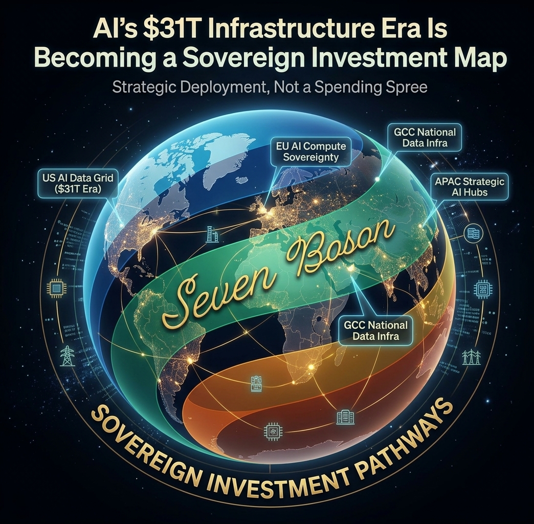 Illustration of a glowing world map connected by AI data infrastructure, highlighting Seven Boson’s sovereign AI strategy across U.S., EU, GCC and Asia-Pacific markets amid the projected $31 trillion global AI infrastructure buildout.