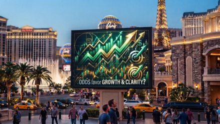 Las Vegas Strip at dusk with casino resorts, the Eiffel Tower replica, and a digital billboard displaying rising financial charts, arrows and targets to illustrate bullish growth in prediction markets and sports betting.