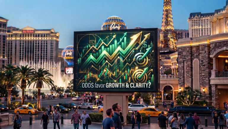 Las Vegas Strip at dusk with casino resorts, the Eiffel Tower replica, and a digital billboard displaying rising financial charts, arrows and targets to illustrate bullish growth in prediction markets and sports betting.