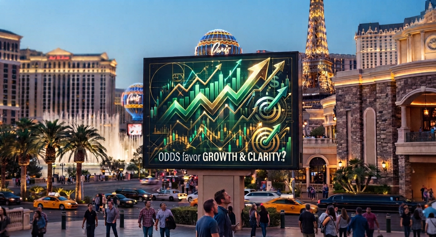 Las Vegas Strip at dusk with casino resorts, the Eiffel Tower replica, and a digital billboard displaying rising financial charts, arrows and targets to illustrate bullish growth in prediction markets and sports betting.