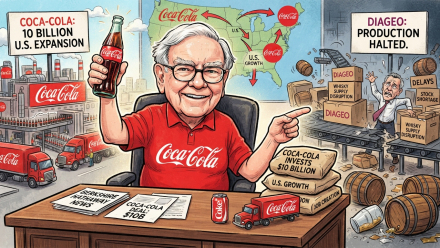 Editorial illustration comparing Coca-Cola’s planned $10 billion U.S. expansion with Diageo’s whisky production disruption. A smiling executive in a Coca-Cola shirt holds a Coke bottle in front of maps, factories, delivery trucks and growth arrows, while the Diageo side shows halted production, whisky barrels, supply-disruption boxes and a worried worker.