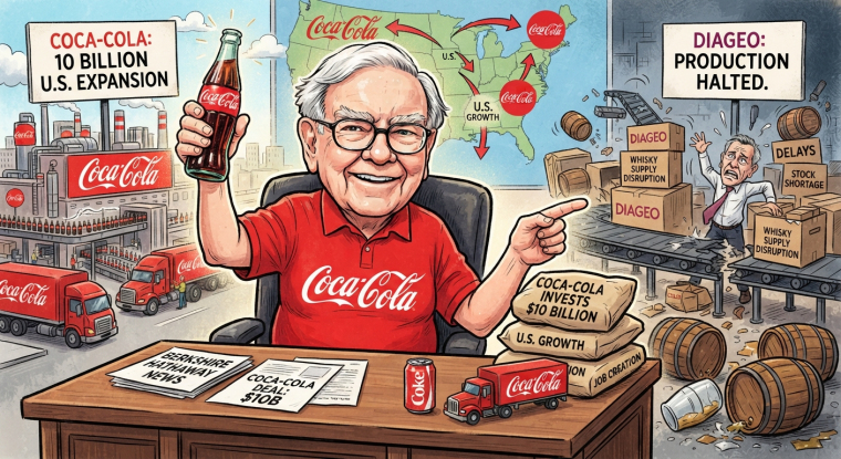 Editorial illustration comparing Coca-Cola’s planned $10 billion U.S. expansion with Diageo’s whisky production disruption. A smiling executive in a Coca-Cola shirt holds a Coke bottle in front of maps, factories, delivery trucks and growth arrows, while the Diageo side shows halted production, whisky barrels, supply-disruption boxes and a worried worker.