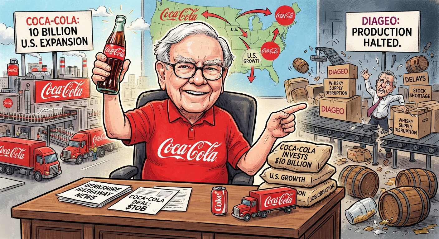 Editorial illustration comparing Coca-Cola’s planned $10 billion U.S. expansion with Diageo’s whisky production disruption. A smiling executive in a Coca-Cola shirt holds a Coke bottle in front of maps, factories, delivery trucks and growth arrows, while the Diageo side shows halted production, whisky barrels, supply-disruption boxes and a worried worker.
