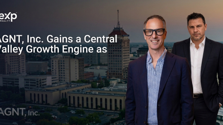 eXp Realty graphic showing two business professionals over a Fresno, California skyline with the headline “AGNT, Inc. Gains a Central Valley Growth Engine,” illustrating Tafoya Real Estate’s move to eXp Realty.