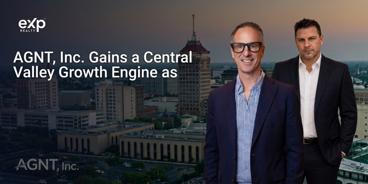 eXp Realty graphic showing two business professionals over a Fresno, California skyline with the headline “AGNT, Inc. Gains a Central Valley Growth Engine,” illustrating Tafoya Real Estate’s move to eXp Realty.