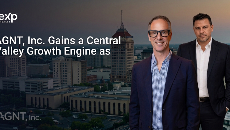 eXp Realty graphic showing two business professionals over a Fresno, California skyline with the headline “AGNT, Inc. Gains a Central Valley Growth Engine,” illustrating Tafoya Real Estate’s move to eXp Realty.
