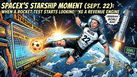 Comic-book-style illustration of Elon Musk in a SpaceX soccer uniform, wearing number 22, kicking a flaming soccer ball into an “Orbital Net” goal above Earth. A Starship rocket launches in the background alongside Starlink satellites, with headline text reading: “SpaceX’s Starship Moment (Sept. 22): When a Rocket Test Starts Looking Like a Revenue Engine.”