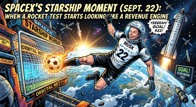 Comic-book-style illustration of Elon Musk in a SpaceX soccer uniform, wearing number 22, kicking a flaming soccer ball into an “Orbital Net” goal above Earth. A Starship rocket launches in the background alongside Starlink satellites, with headline text reading: “SpaceX’s Starship Moment (Sept. 22): When a Rocket Test Starts Looking Like a Revenue Engine.”