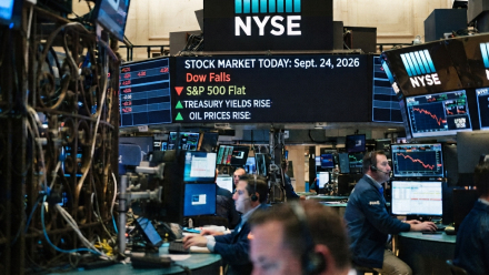 Traders work on the New York Stock Exchange floor beneath a market board reading “Stock Market Today: Sept. 24, 2026,” showing the Dow falling, the S&P 500 flat, and Treasury yields and oil prices rising.