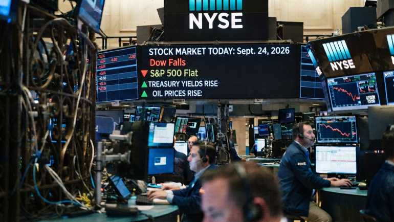Traders work on the New York Stock Exchange floor beneath a market board reading “Stock Market Today: Sept. 24, 2026,” showing the Dow falling, the S&P 500 flat, and Treasury yields and oil prices rising.