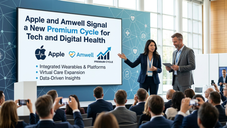 Business presenters at an investor conference stand beside a screen reading “Apple and Amwell Signal a New Premium Cycle for Tech and Digital Health,” highlighting integrated wearables, virtual-care expansion and data-driven insights.