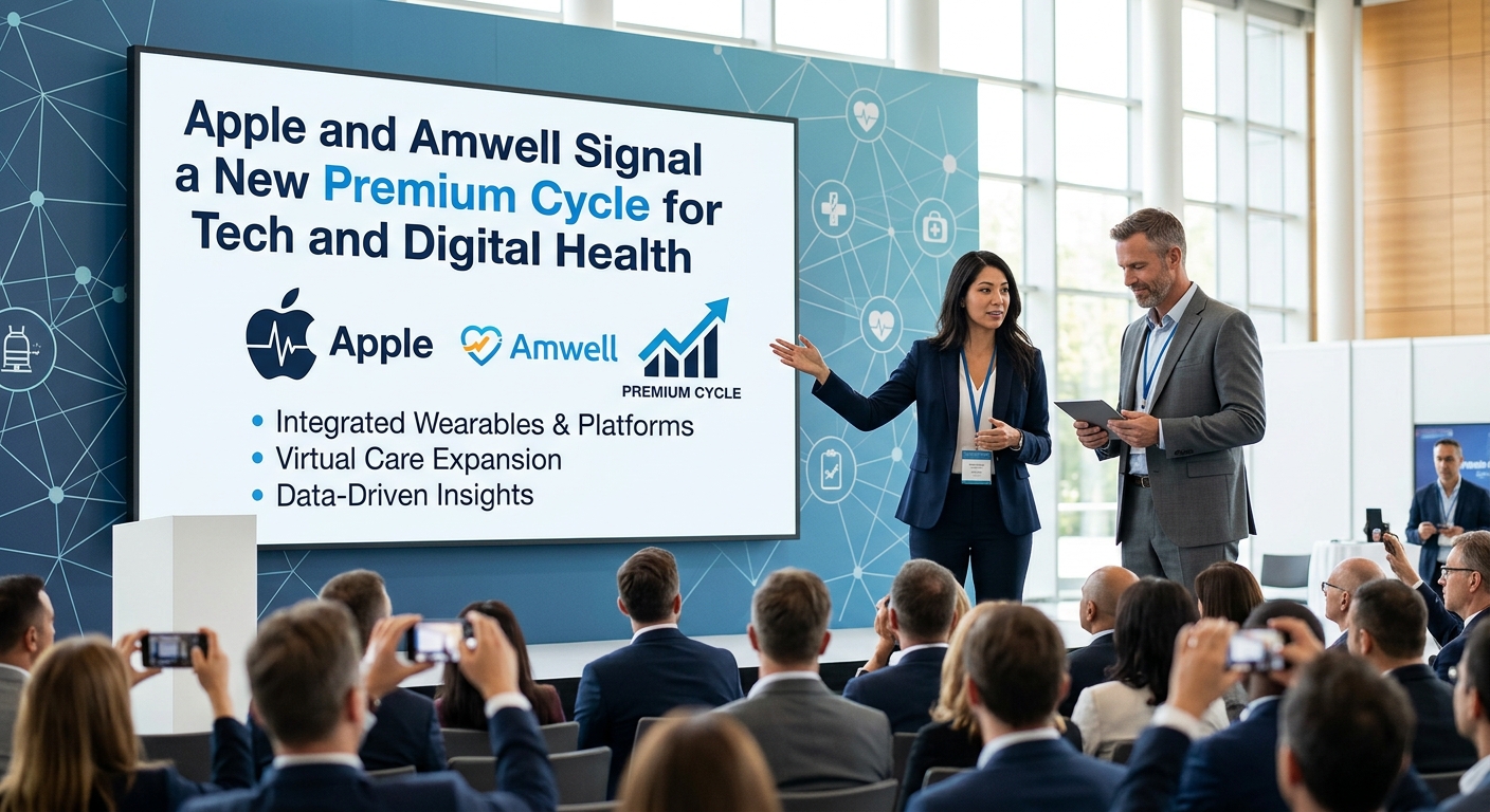 Business presenters at an investor conference stand beside a screen reading “Apple and Amwell Signal a New Premium Cycle for Tech and Digital Health,” highlighting integrated wearables, virtual-care expansion and data-driven insights.