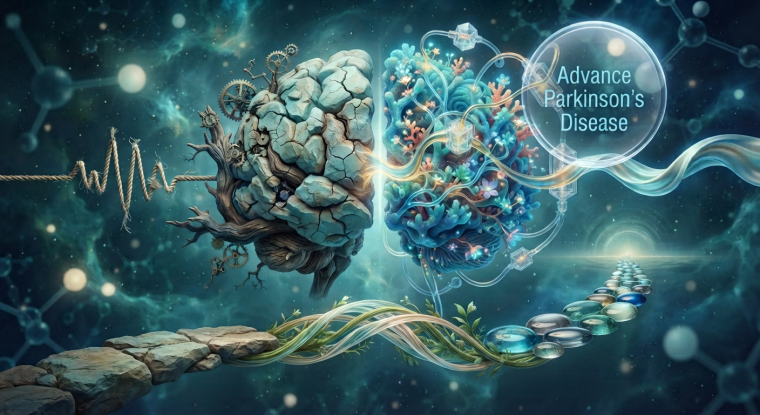 Illustration of a brain transitioning from a cracked, burdened form to a vibrant neural network, symbolizing advanced Parkinson’s disease treatment innovation, continuous dopamine therapy and improved drug delivery.