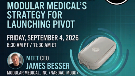Promotional webinar graphic for Tribe Public featuring Modular Medical, Inc. (NASDAQ: MODD). The image announces “The Road to Revenue: Modular Medical’s Strategy for Launching Pivot,” scheduled for Friday, September 4, 2026, at 8:30 AM PT / 11:30 AM ET. It includes a photo of CEO James Besser, an image of the Pivot tubeless insulin delivery device, the Tribe Public logo, and registration information for a CEO presentation and Q&A at PivotLaunch.TribePublic.com.