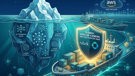 Illustration of an Apache Iceberg-style data lake supporting AI training data and large language models, with Rubrik Apache Iceberg Protection on AWS shown as a shield protecting cloud-based enterprise data.