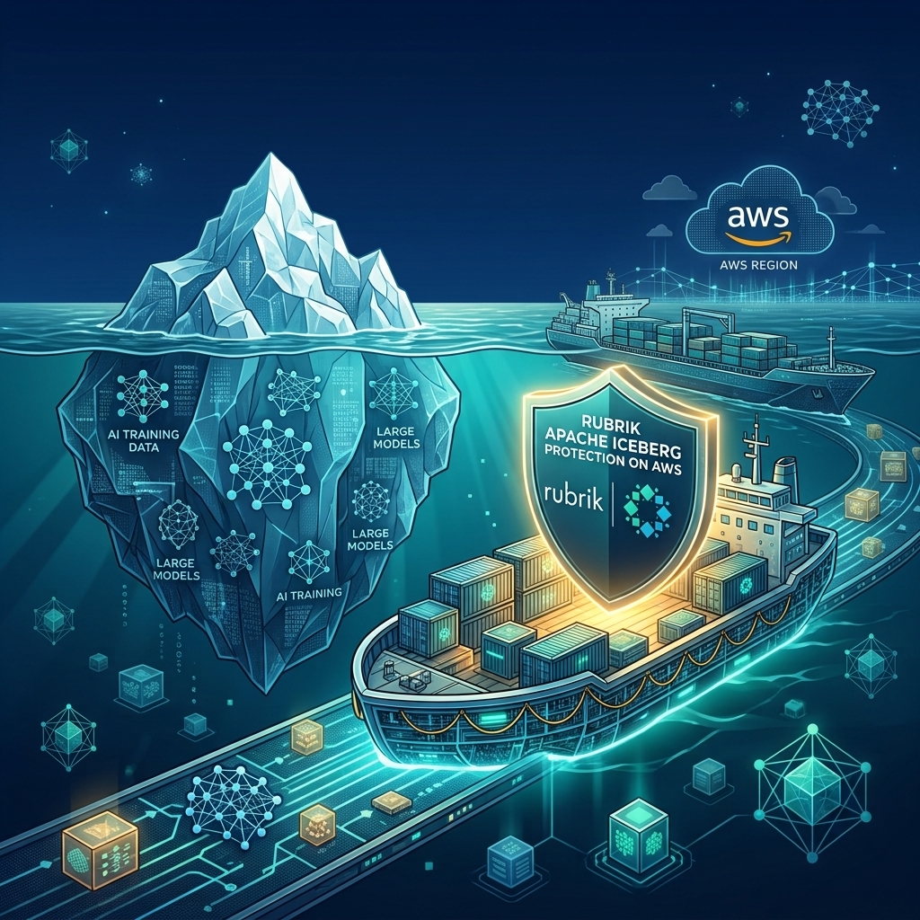 Illustration of an Apache Iceberg-style data lake supporting AI training data and large language models, with Rubrik Apache Iceberg Protection on AWS shown as a shield protecting cloud-based enterprise data.