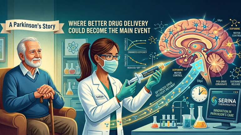 Illustration of an older man with Parkinson’s symptoms beside a laboratory researcher holding a syringe, with a large brain diagram showing dopamine pathways, sustained drug release, motor control, and Serina Therapeutics’ Parkinson’s disease drug-delivery innovation.