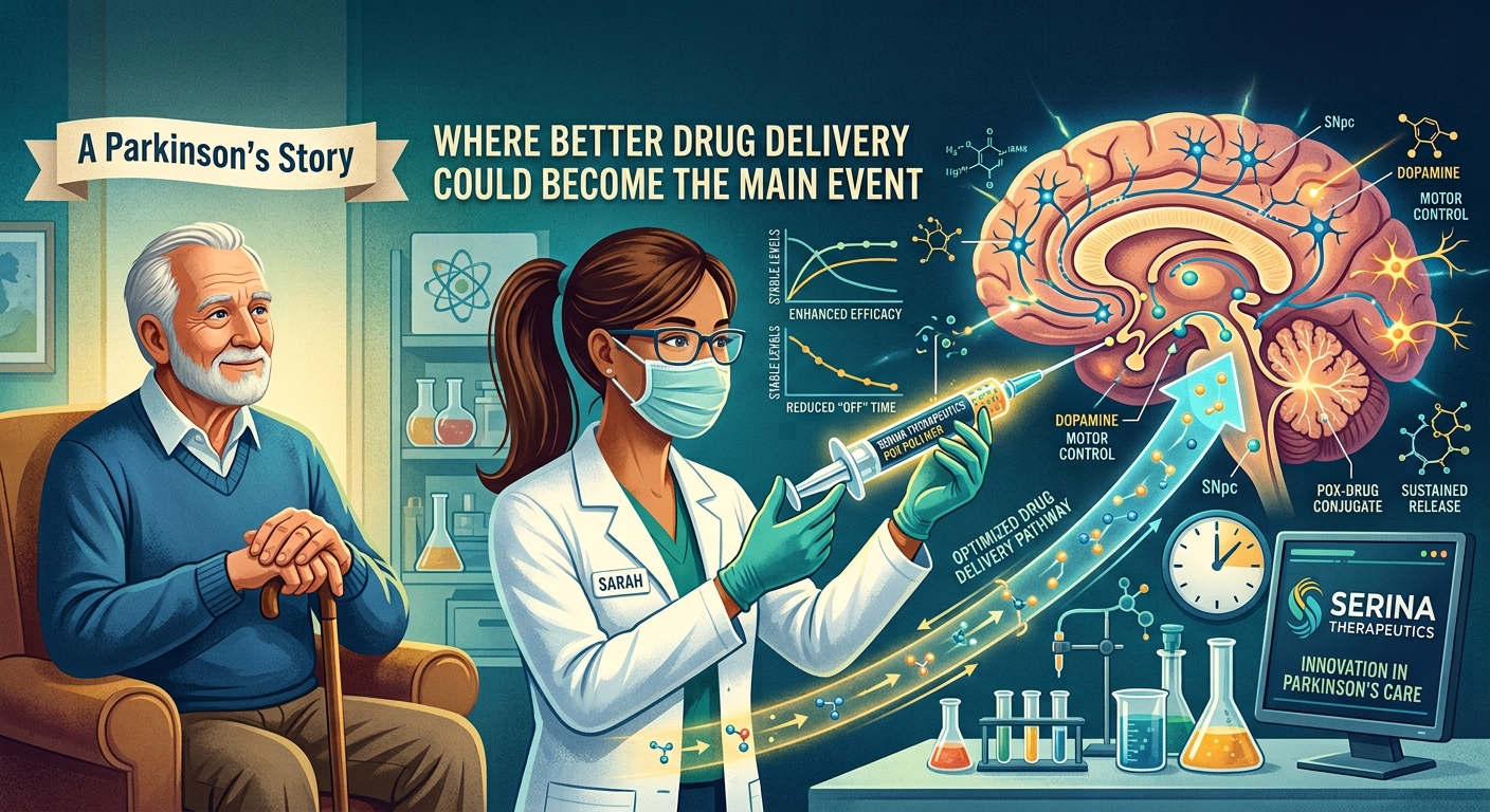 Illustration of an older man with Parkinson’s symptoms beside a laboratory researcher holding a syringe, with a large brain diagram showing dopamine pathways, sustained drug release, motor control, and Serina Therapeutics’ Parkinson’s disease drug-delivery innovation.