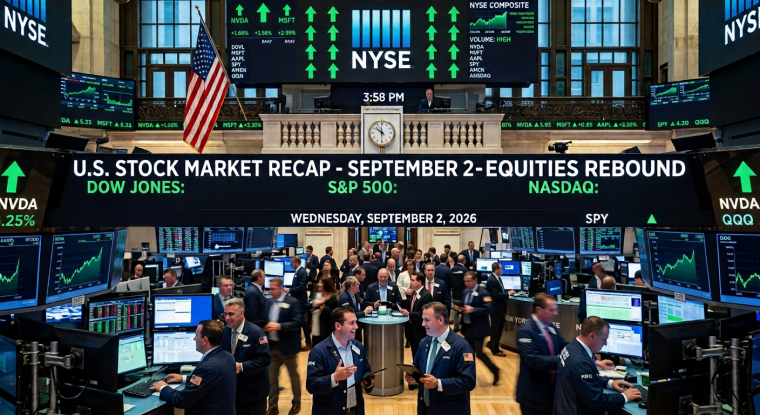 New York Stock Exchange trading floor illustration showing traders, green market charts and upward arrows for the Dow Jones, S&P 500 and Nasdaq during a U.S. equity-market rebound on Wednesday, September 2, 2026.